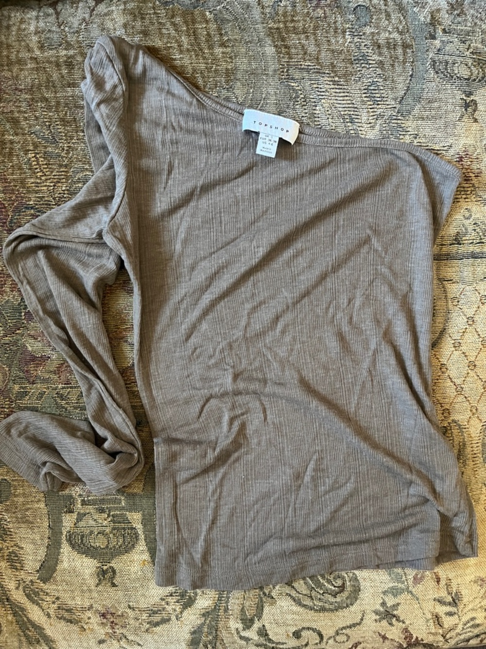 Topshop Ribbed Long Sleeve Boatneck Top in Taupe Brown